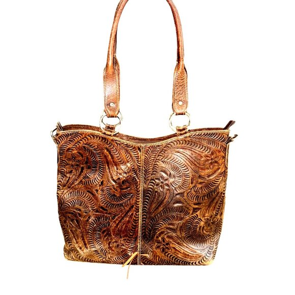 American West Tooled Embossed Brown Leather Bag Concho Accents Fringe Western - Picture 3 of 10